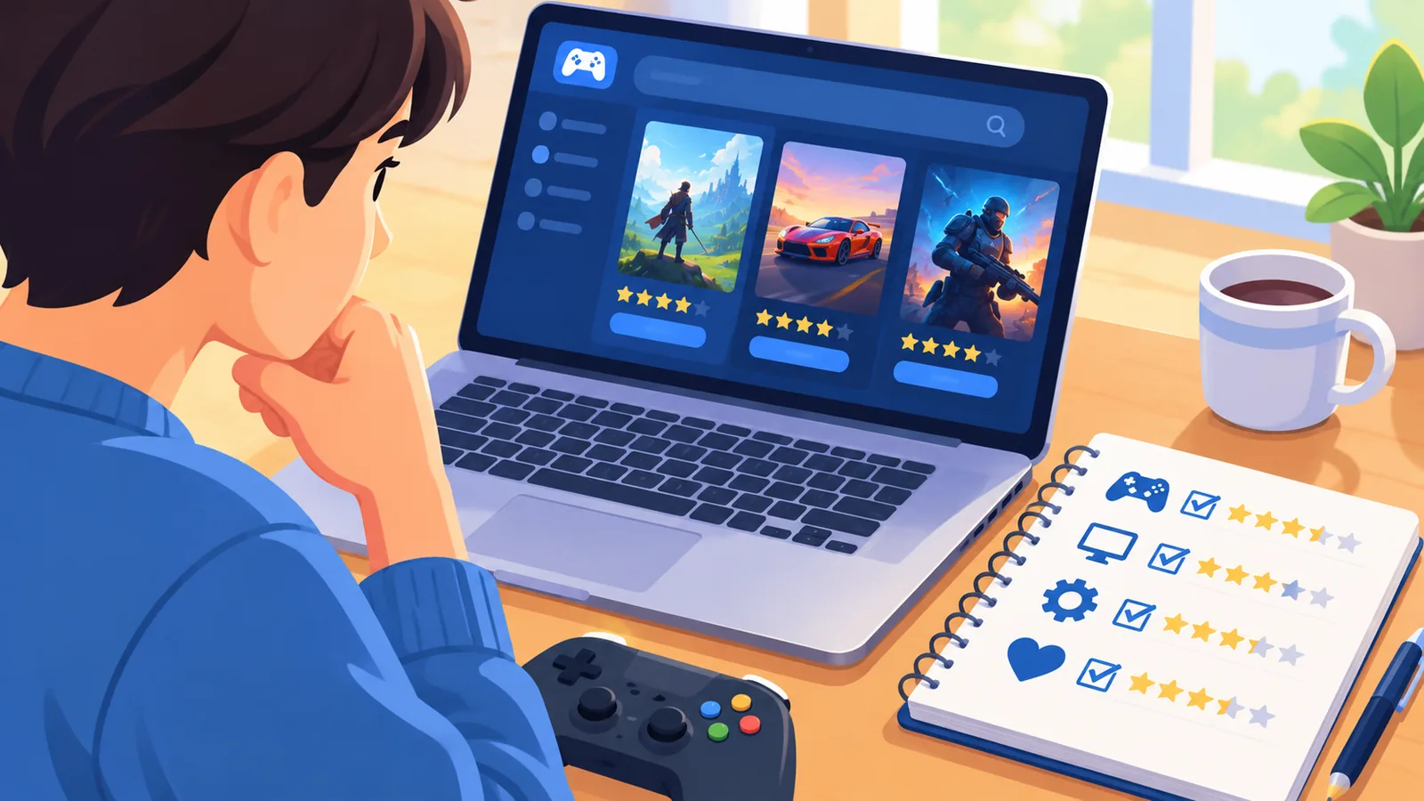 Pessoa comparando critérios para escolher jogos da Steam no computador