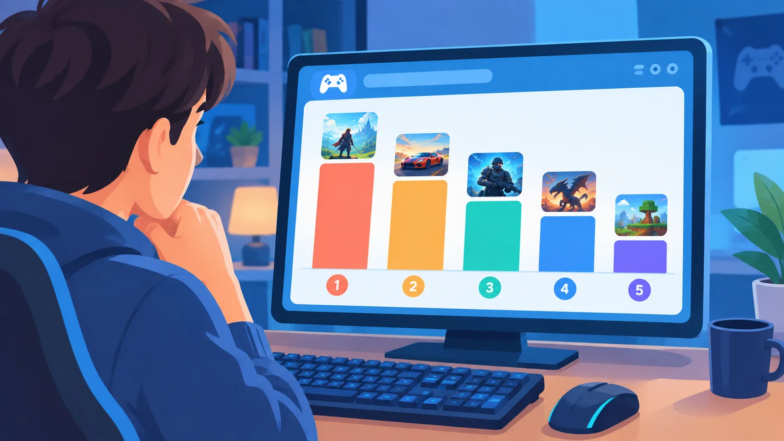 Ranking de jogos mais jogados exibido em um monitor