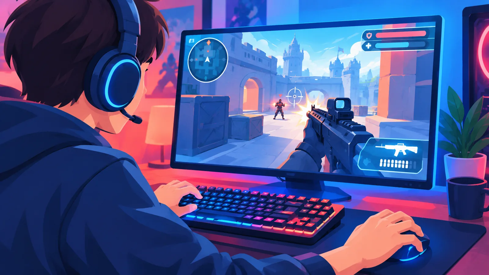 Jogador de tiro em primeira pessoa com headset no PC