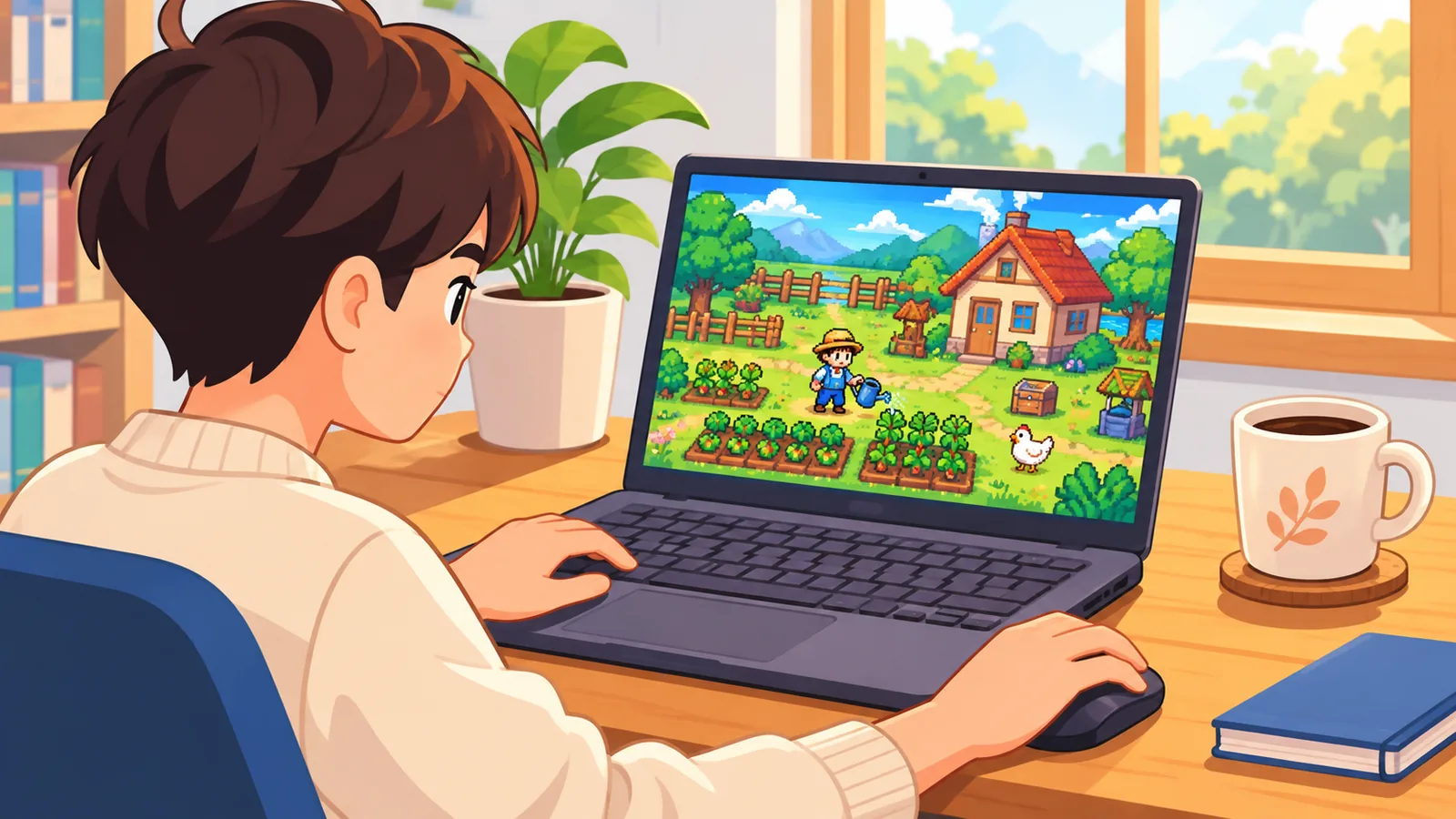 Jogo indie em pixel art rodando em um notebook simples