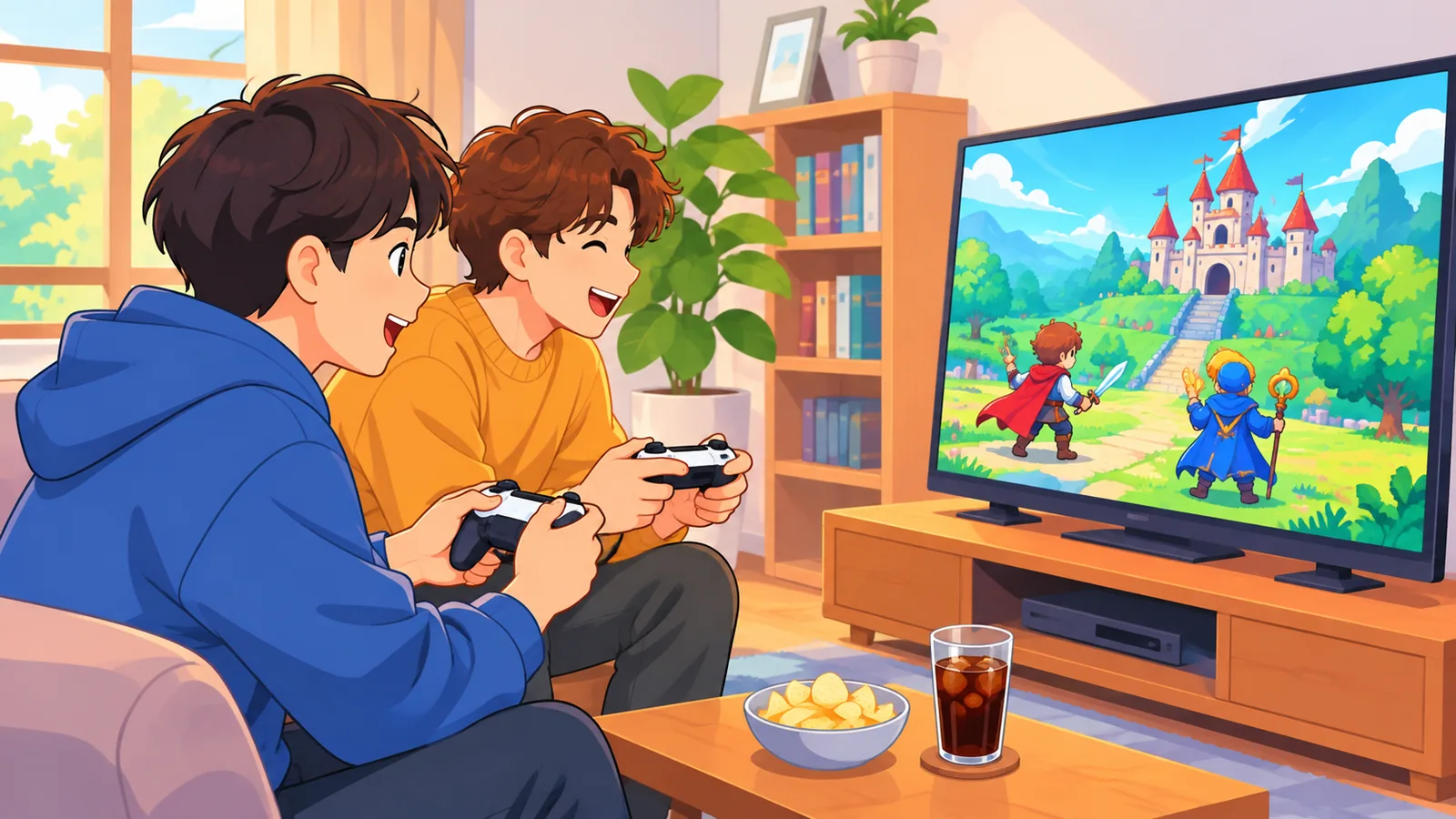 Amigos jogando cooperativo no sofá