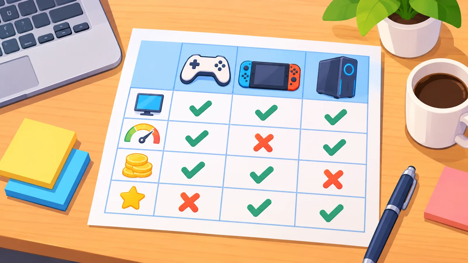 Tabela comparativa de jogos ao lado de um notebook
