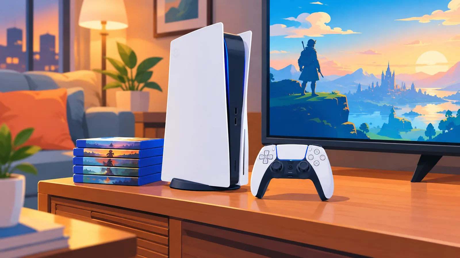 PS5 com controle e jogos na sala de estar