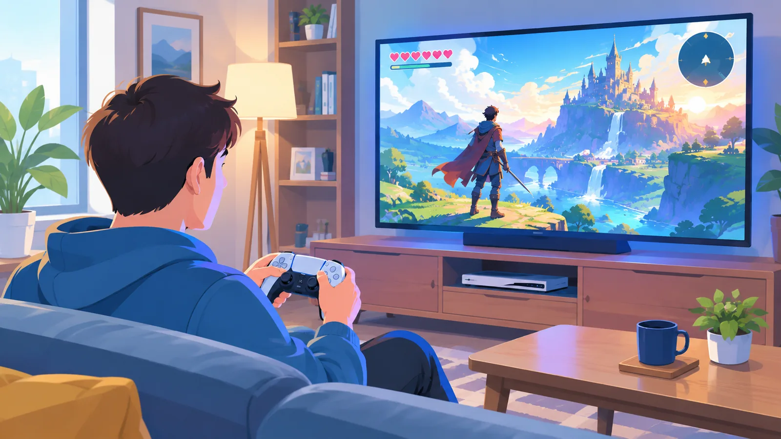 Jogador curtindo um jogo de ação e aventura no PS5