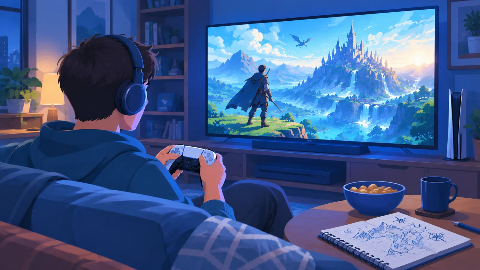 Jogador explorando um RPG de mundo aberto no PS5