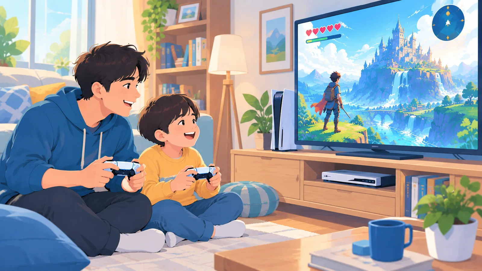Pai e filho jogando PS5 juntos