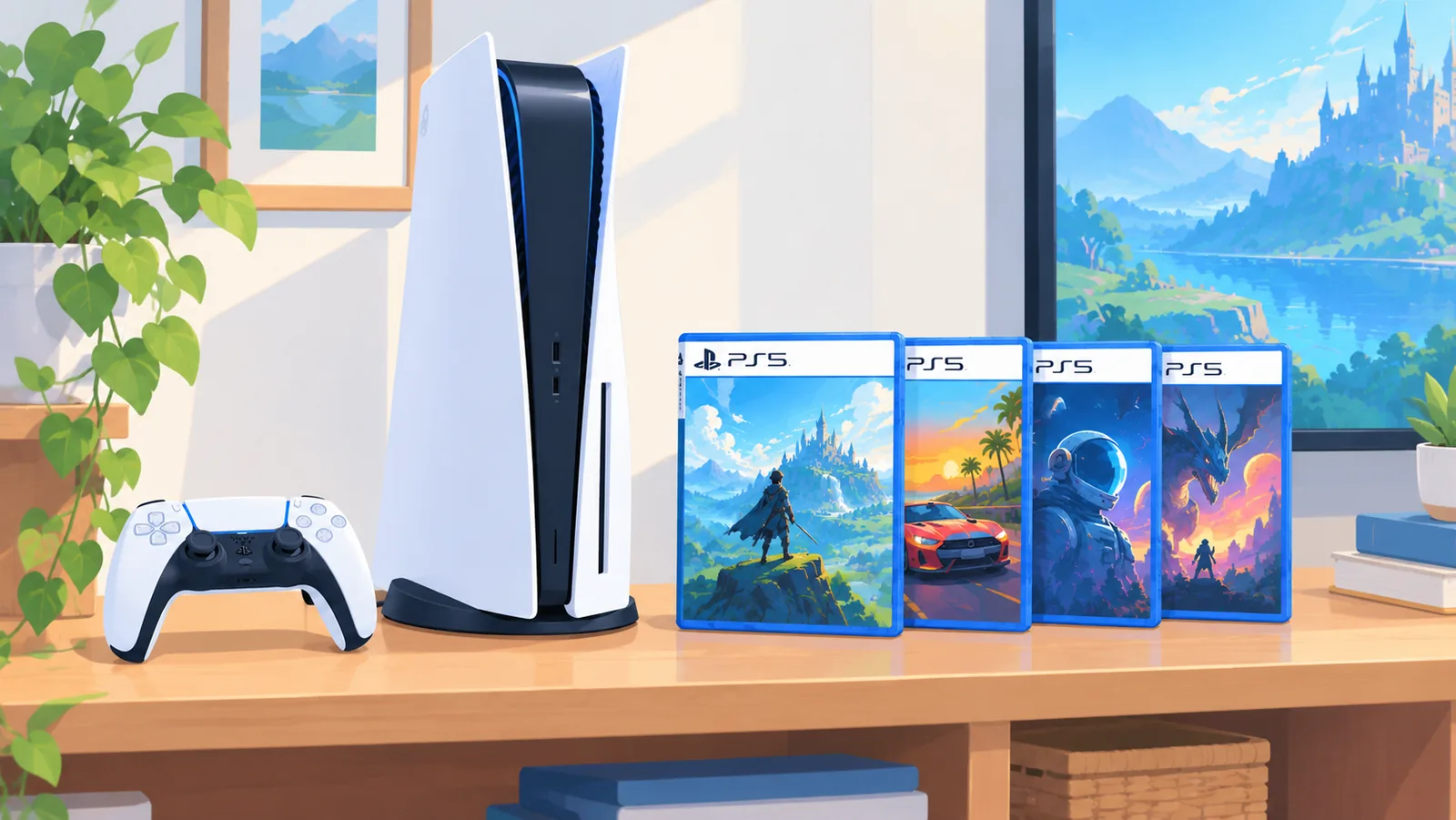 PS5 em destaque ao lado de jogos exclusivos