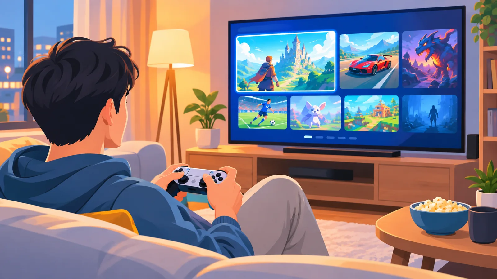 Pessoa no sofá escolhendo um jogo no catálogo do Xbox Game Pass