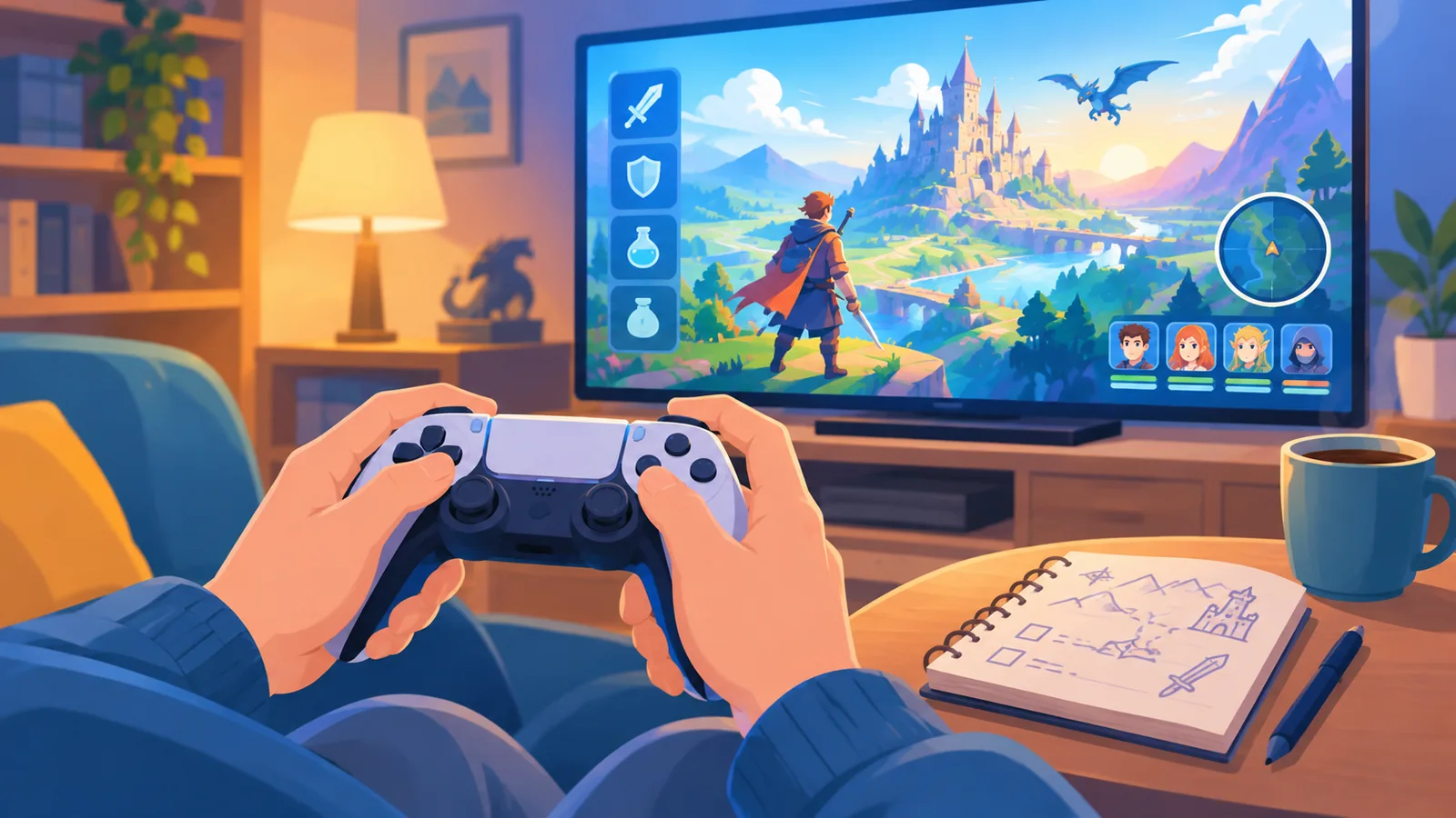Jogador de RPG com controle em mãos diante de um mundo de fantasia na tela