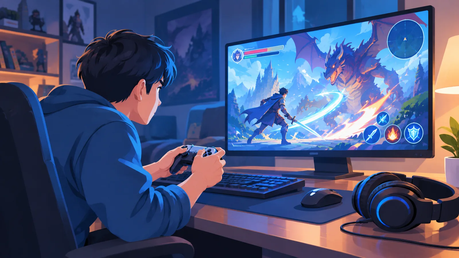 Jogador concentrado em um jogo de ação com combate de espadas