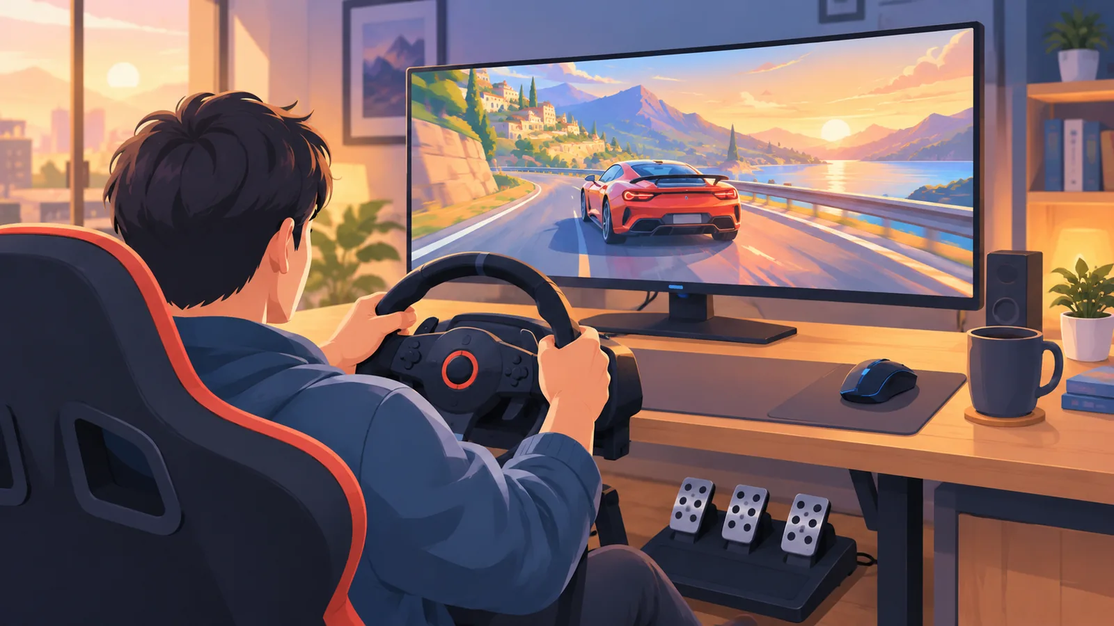 Volante e pedais diante de um monitor com jogo de corrida ao pôr do sol