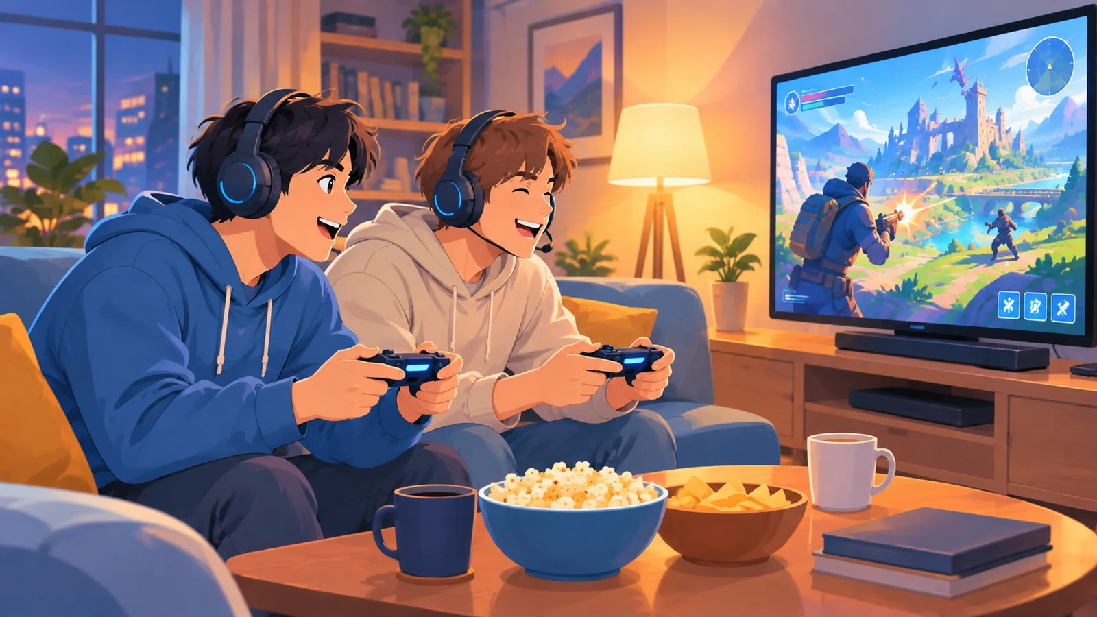 Dois amigos jogando um jogo de tiro cooperativo na TV da sala