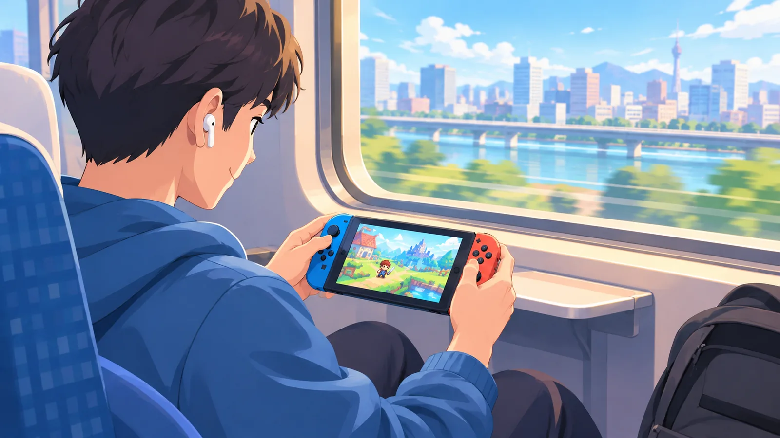 Pessoa jogando um indie leve em um aparelho portátil dentro do trem