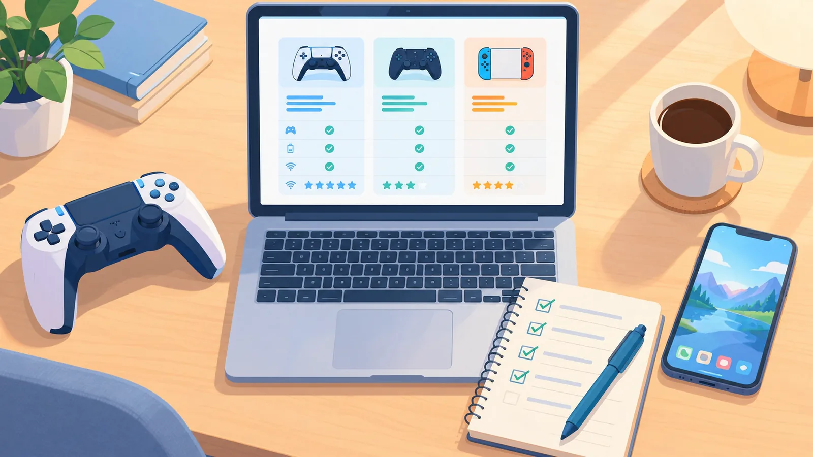 Mesa organizada com controle, notebook e anotações para comparar jogos