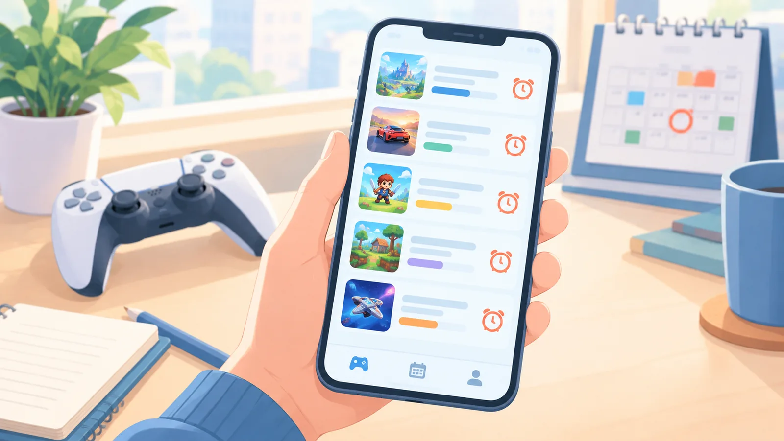 Mão segurando celular com lista de jogos e prazos de saída do catálogo