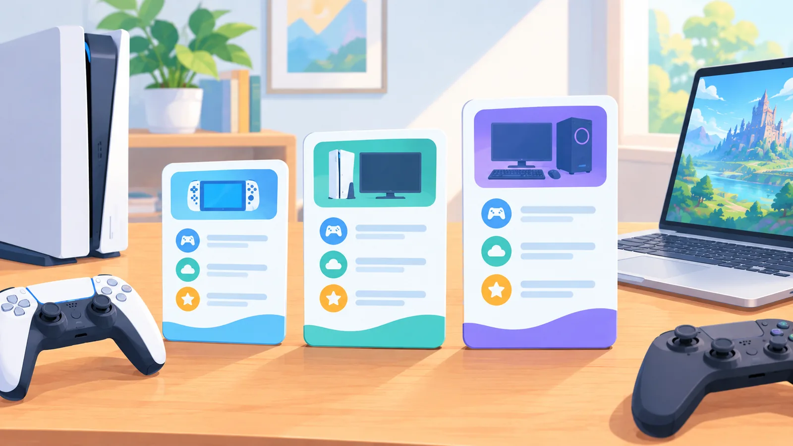 Três cartões de planos ao lado de console, notebook e controle
