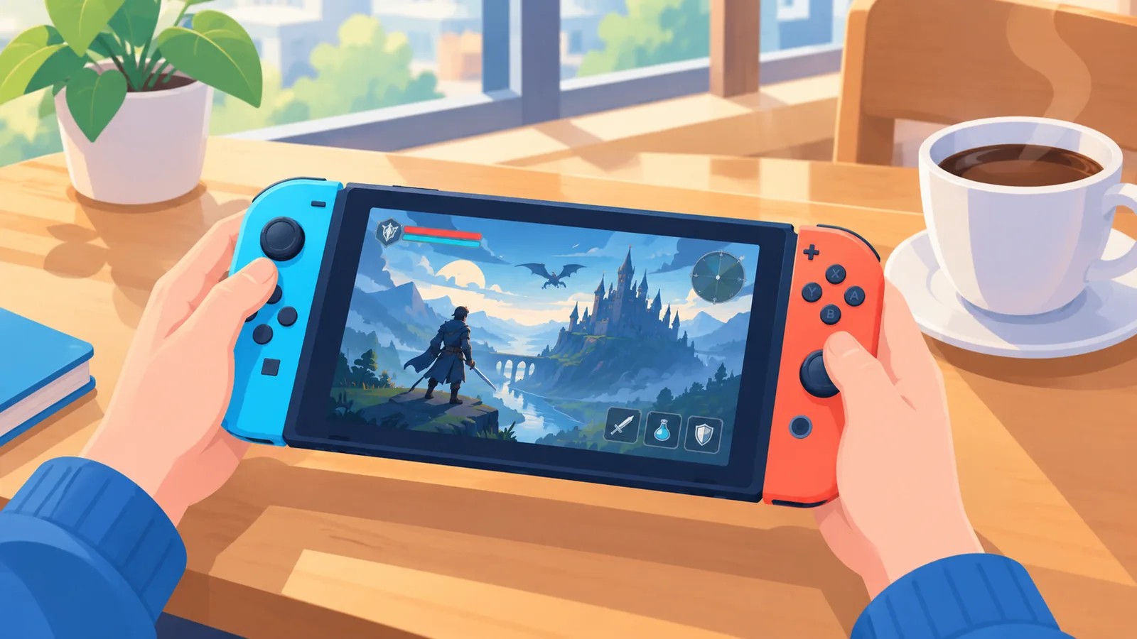 Steam Deck exibindo um RPG de fantasia em uma mesa de cafeteria