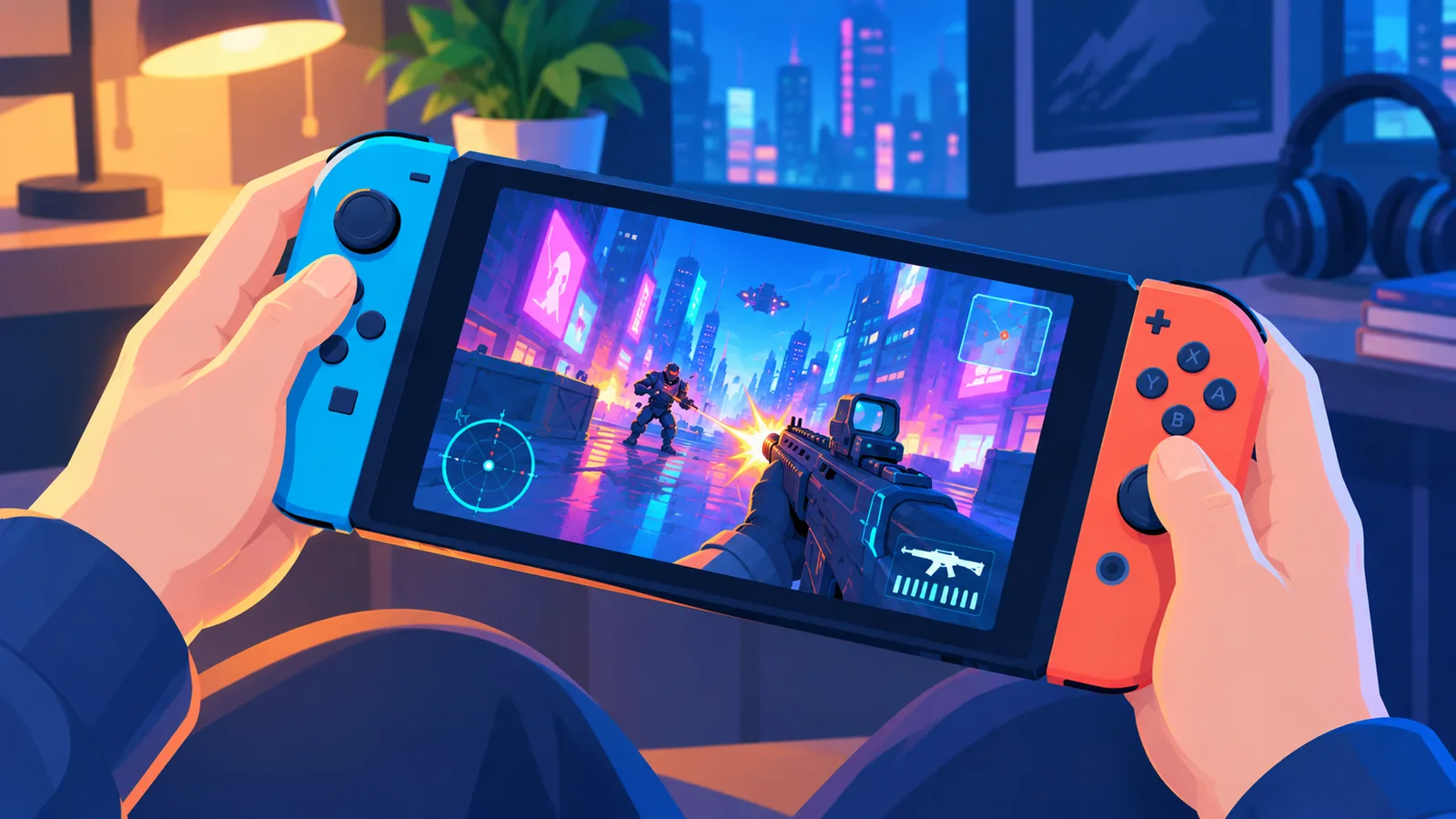 Steam Deck exibindo um jogo de tiro em primeira pessoa com cenário futurista