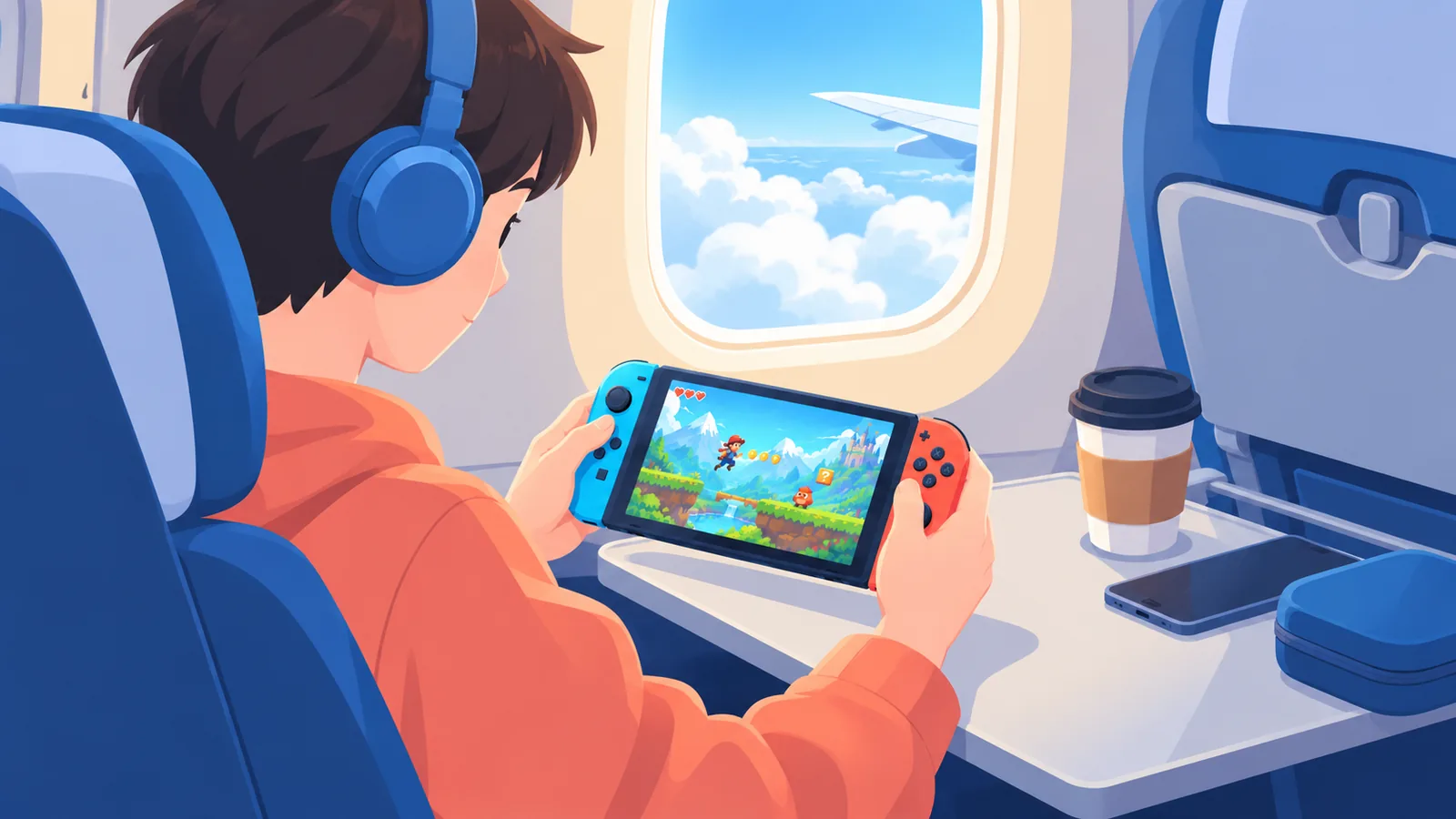 Steam Deck sendo usado em um avião durante uma viagem
