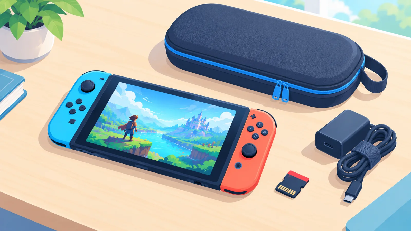 Steam Deck sobre uma mesa ao lado de um cartão microSD e acessórios