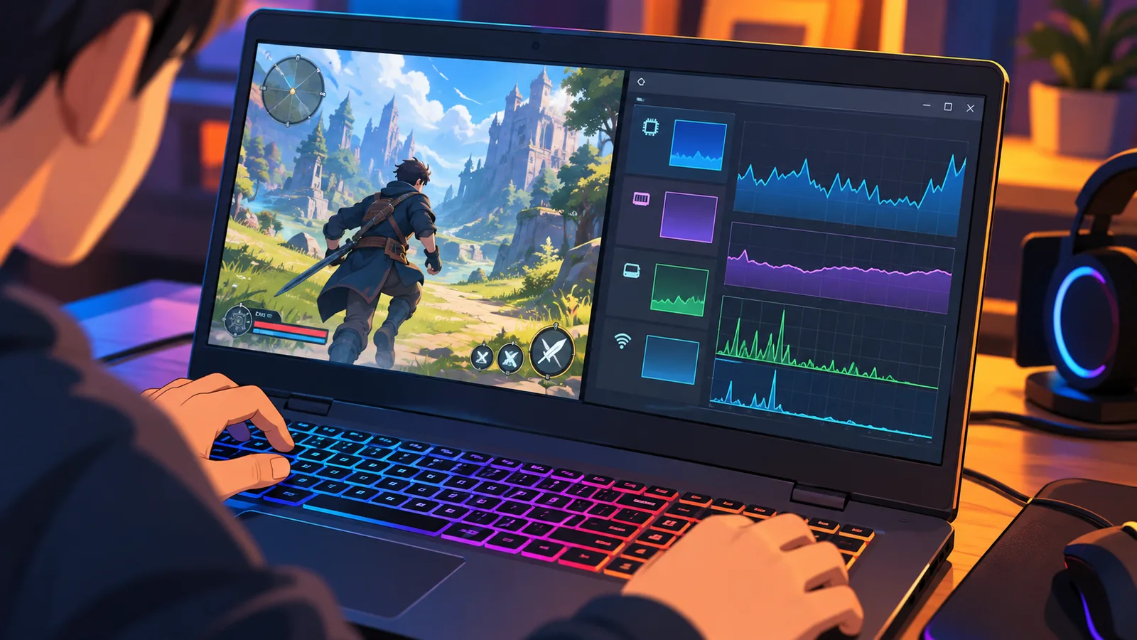 Notebook gamer com o Gerenciador de Tarefas aberto durante o jogo