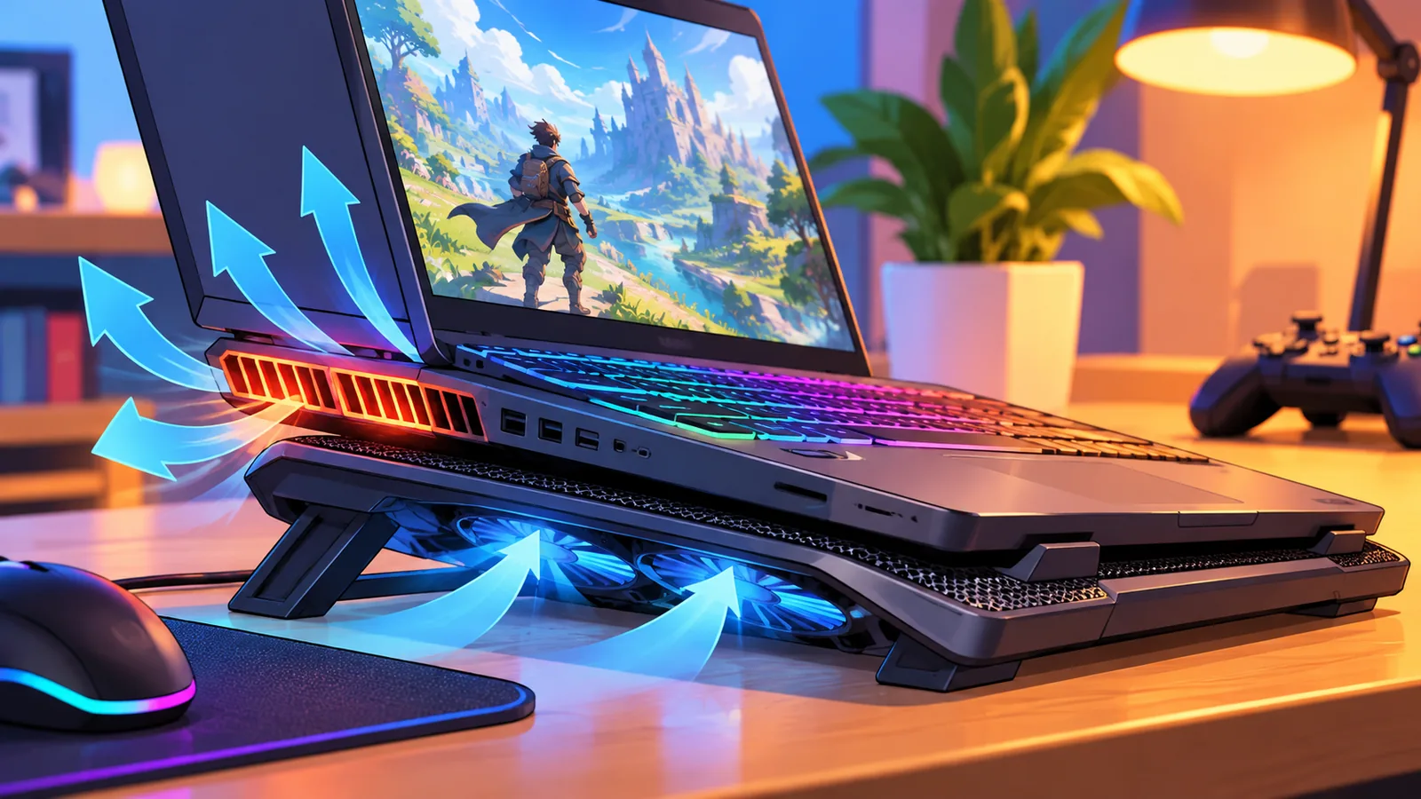Notebook gamer sobre uma base de resfriamento