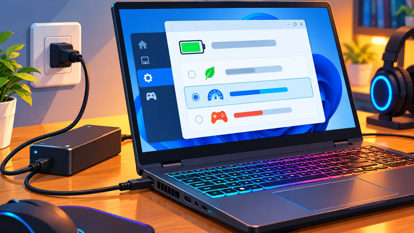 Notebook gamer ligado ao carregador com tela de modo de energia