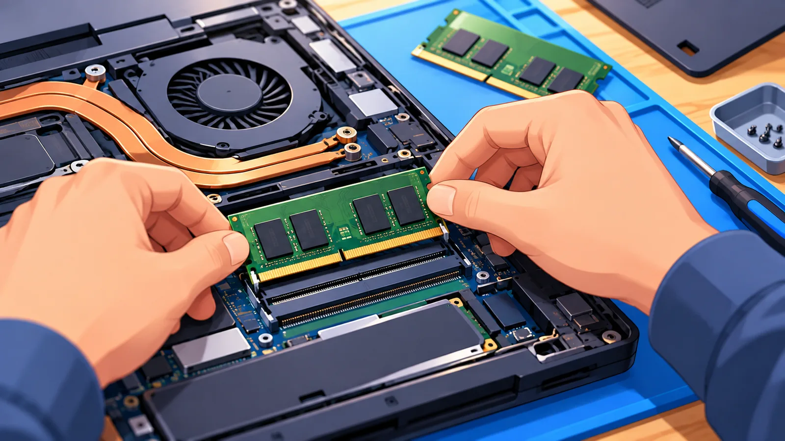 Mãos instalando um módulo de memória RAM em um notebook