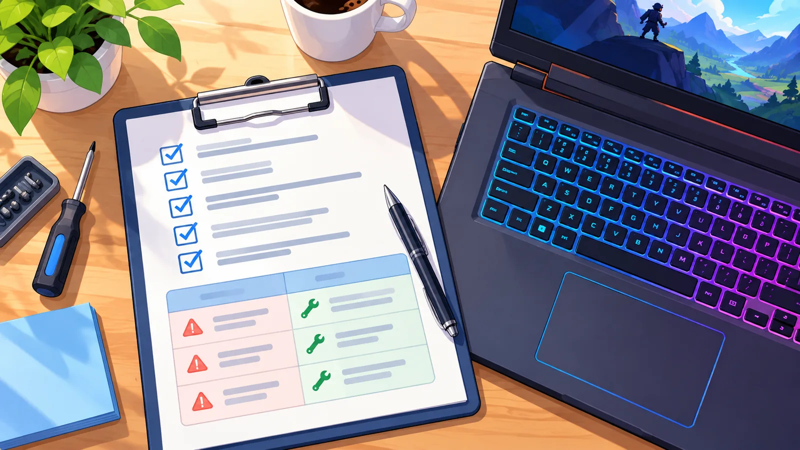 Prancheta com checklist de causas e soluções ao lado do notebook