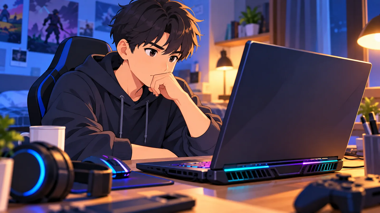 Jogador pensativo diante do notebook gamer no quarto