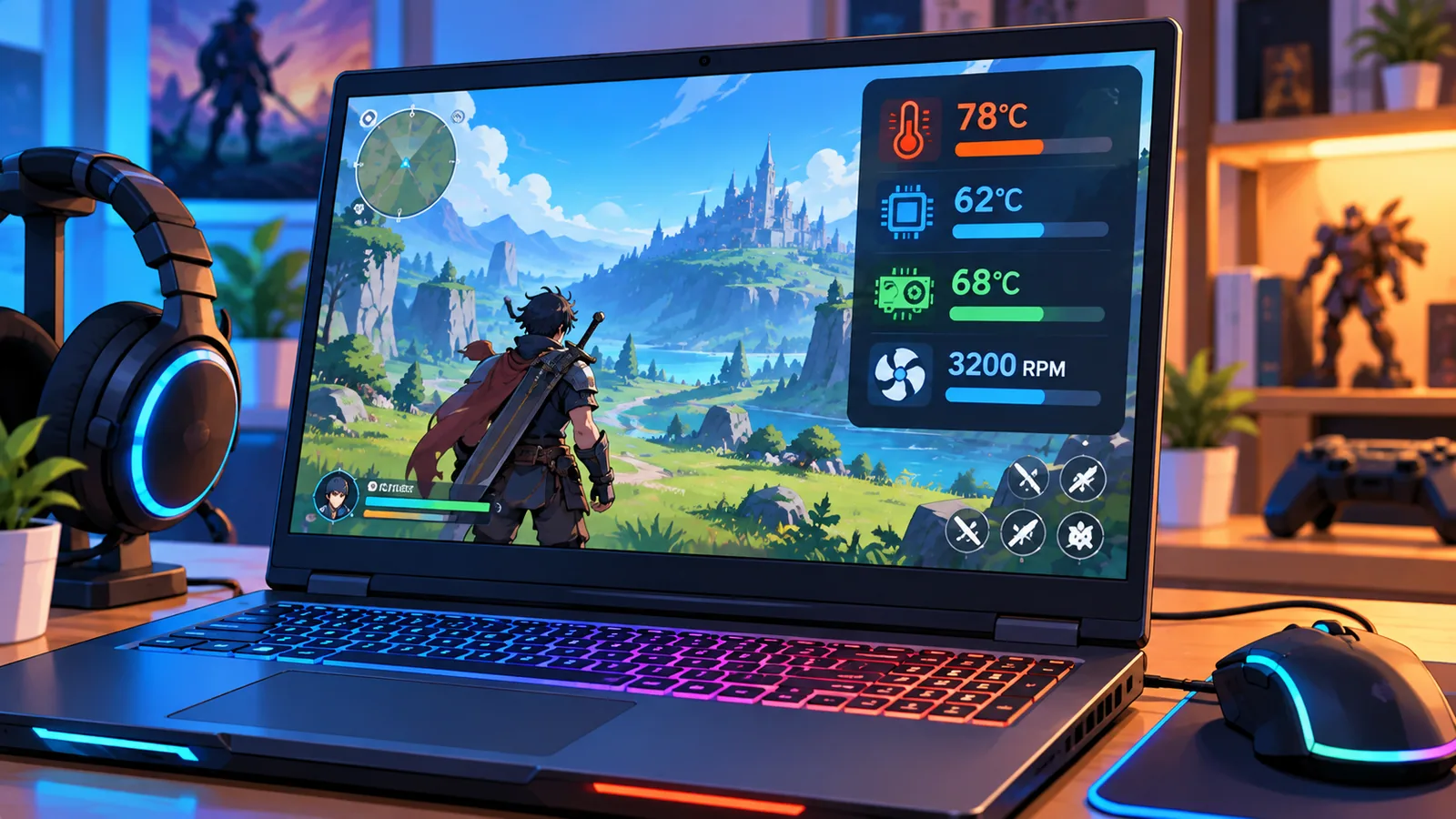 Notebook gamer rodando um jogo com monitor de temperatura visível