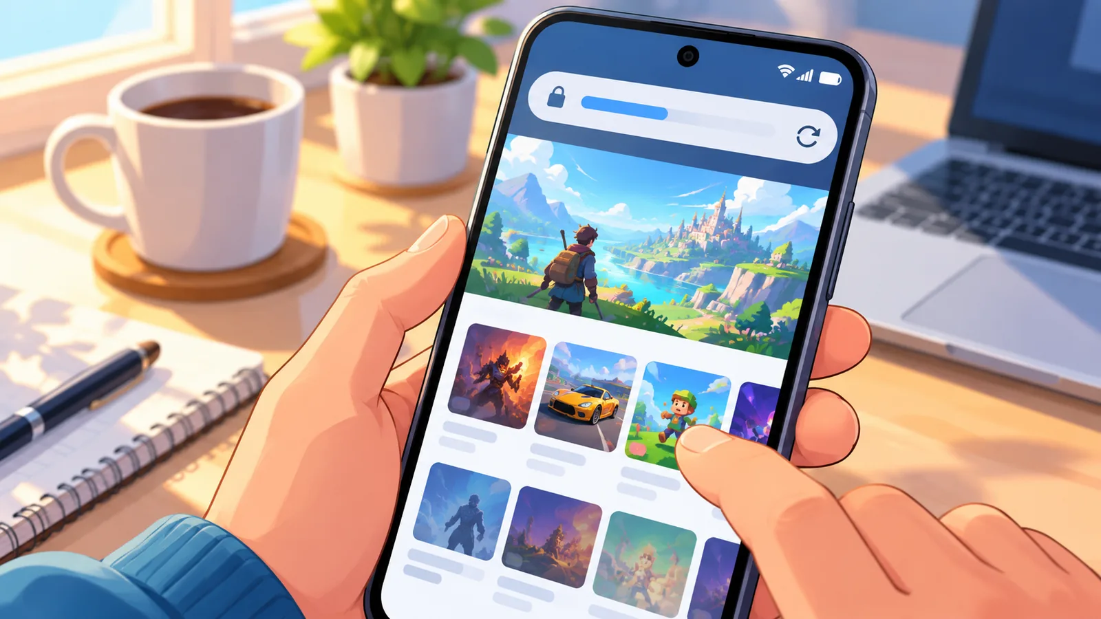 Mão segurando um celular Android com o navegador abrindo o serviço de jogos