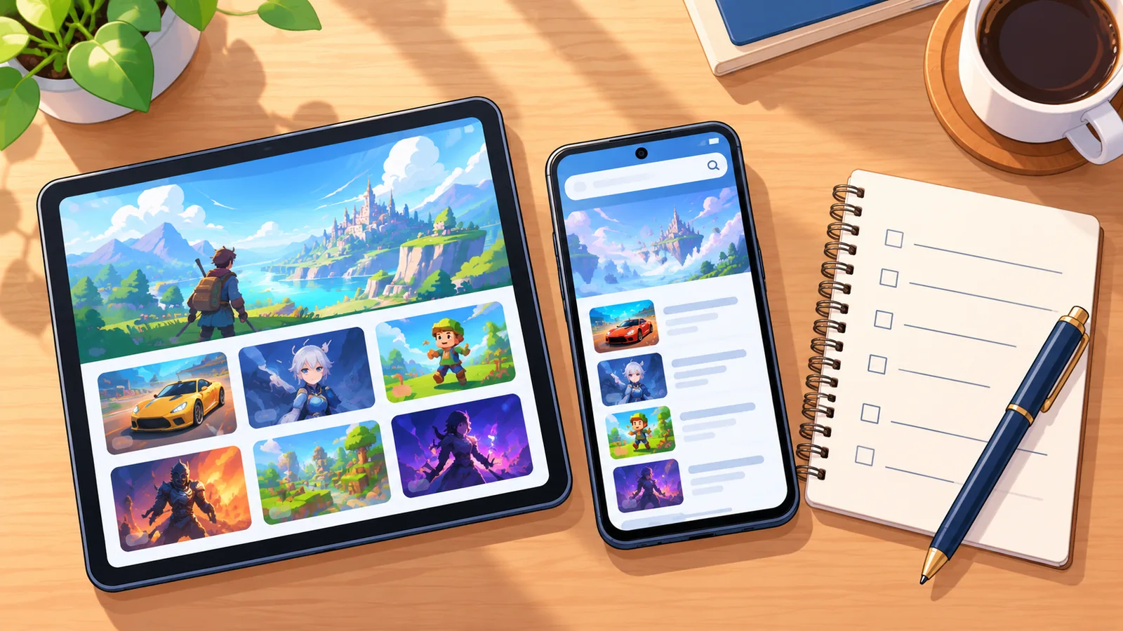 Celular e tablet Android ao lado de uma lista de requisitos