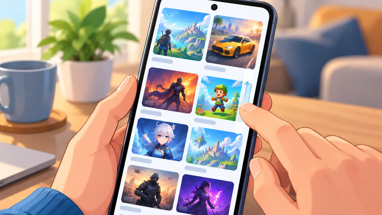Dedo rolando a lista de jogos na tela do celular