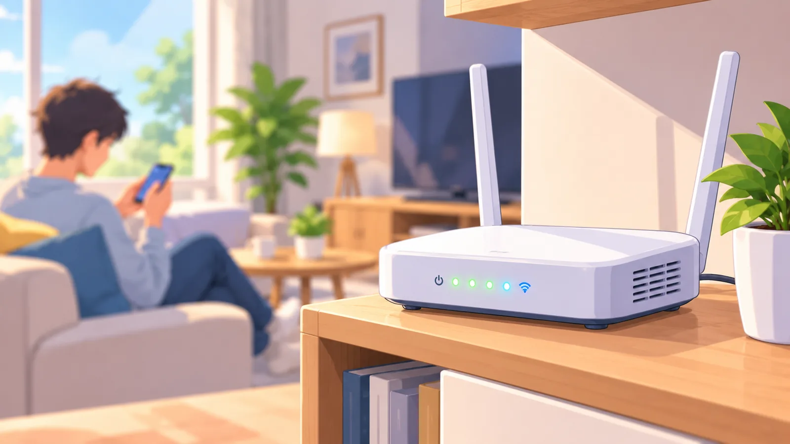 Roteador Wi-Fi em uma sala com pessoa usando o celular ao fundo