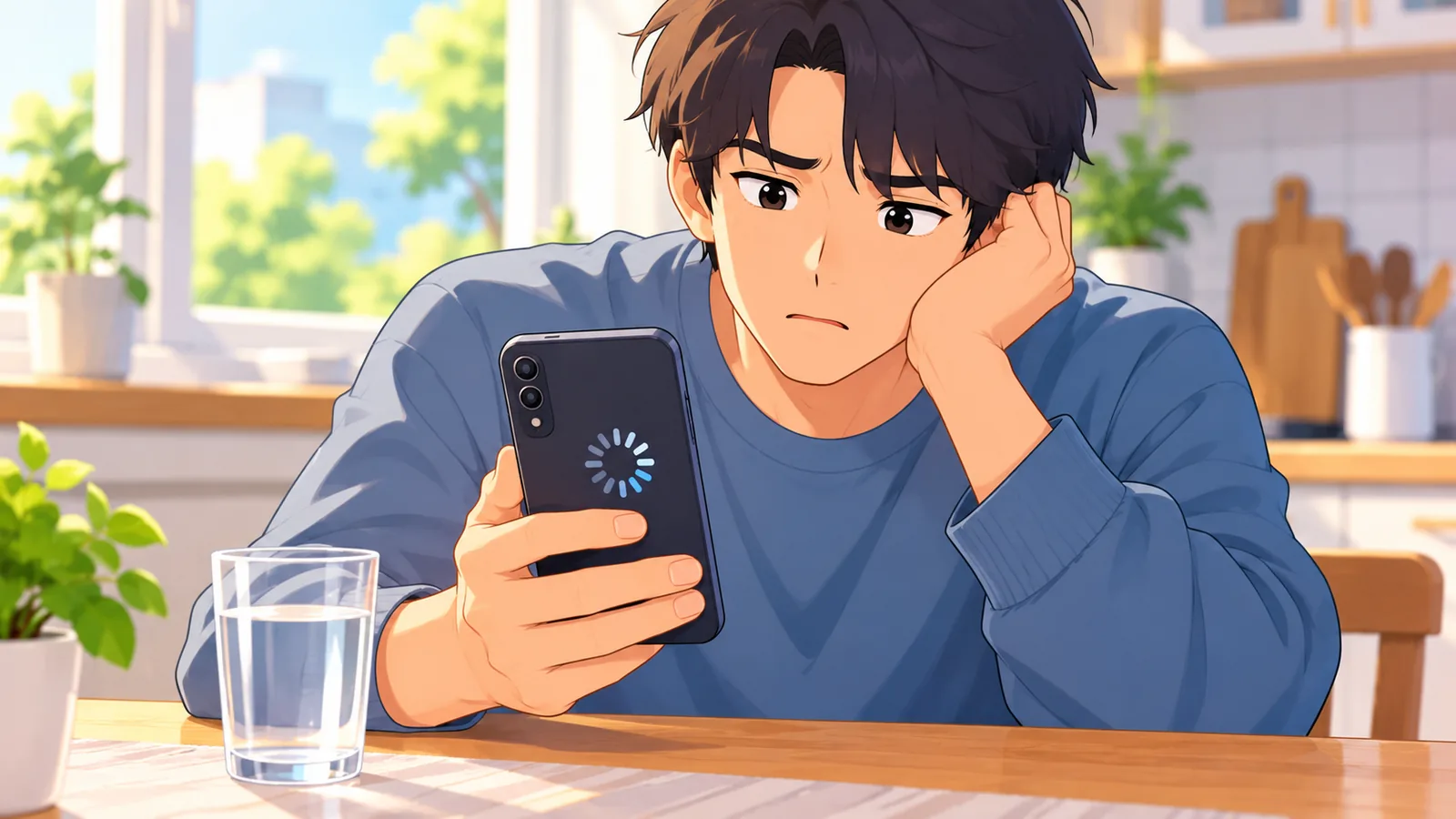 Pessoa olhando o celular com um jogo que não carrega