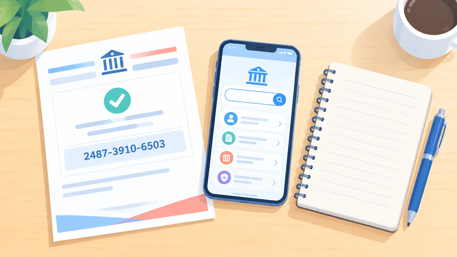 Comprovante com número de referência, celular e caderno sobre uma mesa