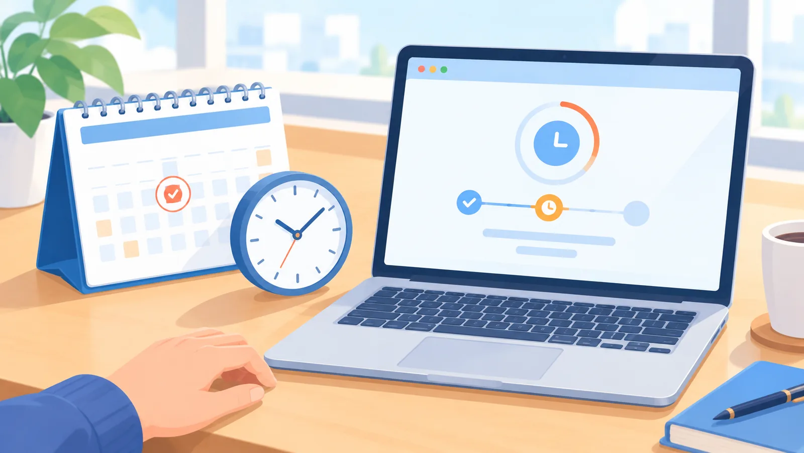 Calendário e relógio ao lado de um notebook com um status pendente