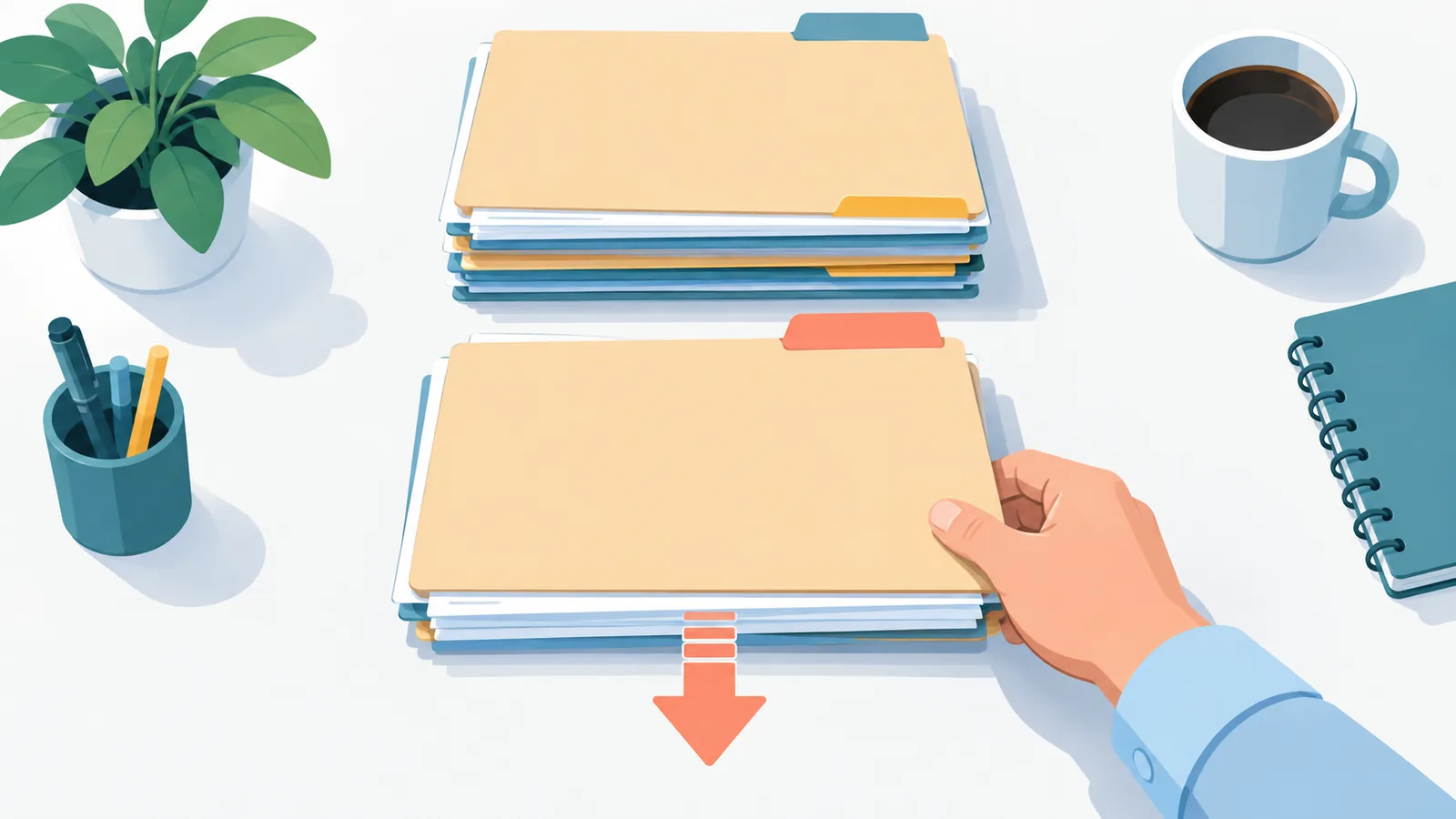 Pastas de contas organizadas na ordem de cobrança sobre uma mesa