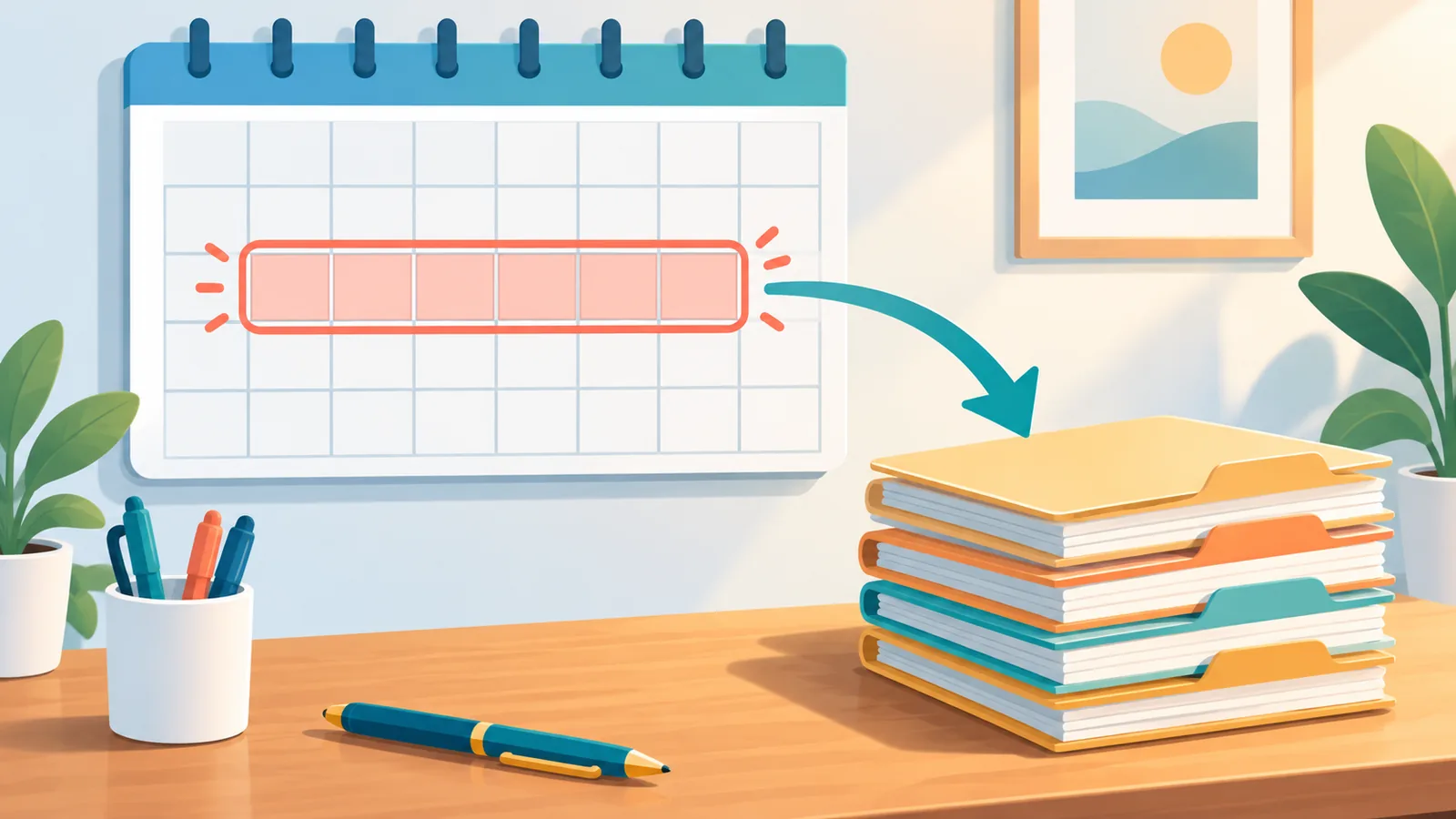 Calendário com período de dias marcado ao lado de pastas de contas