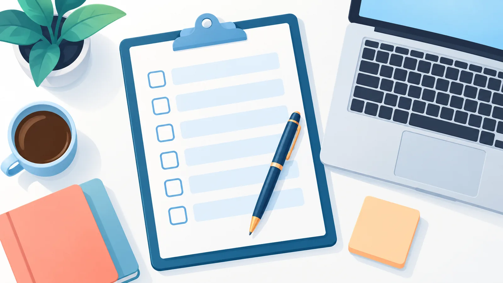 Prancheta com checklist em branco sobre uma mesa de escritório