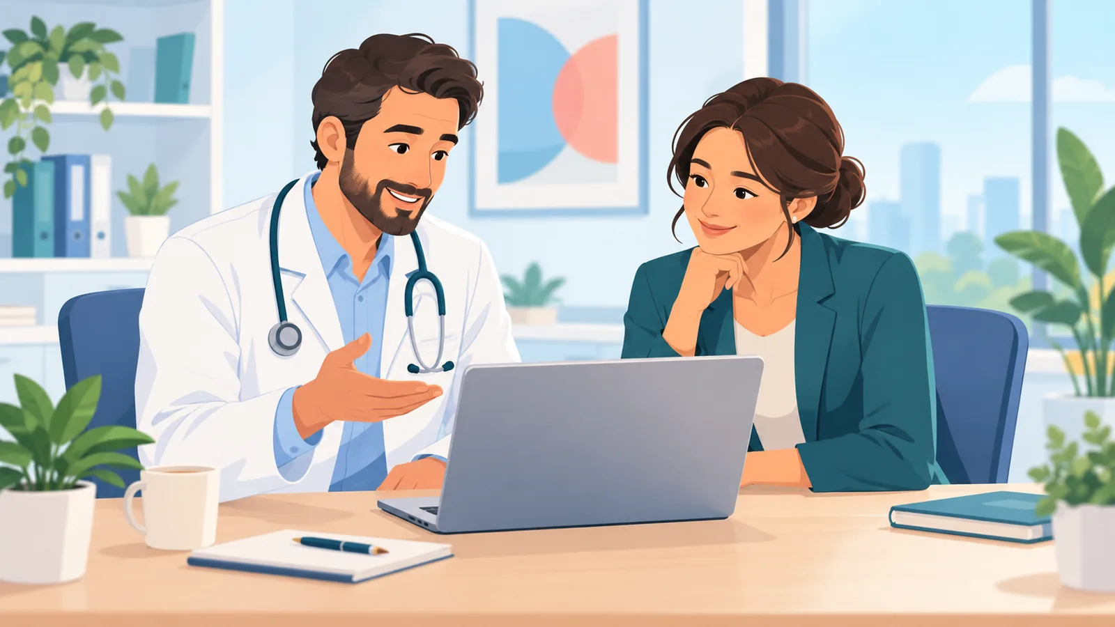 Dois colegas de um consultório conversando diante de um notebook