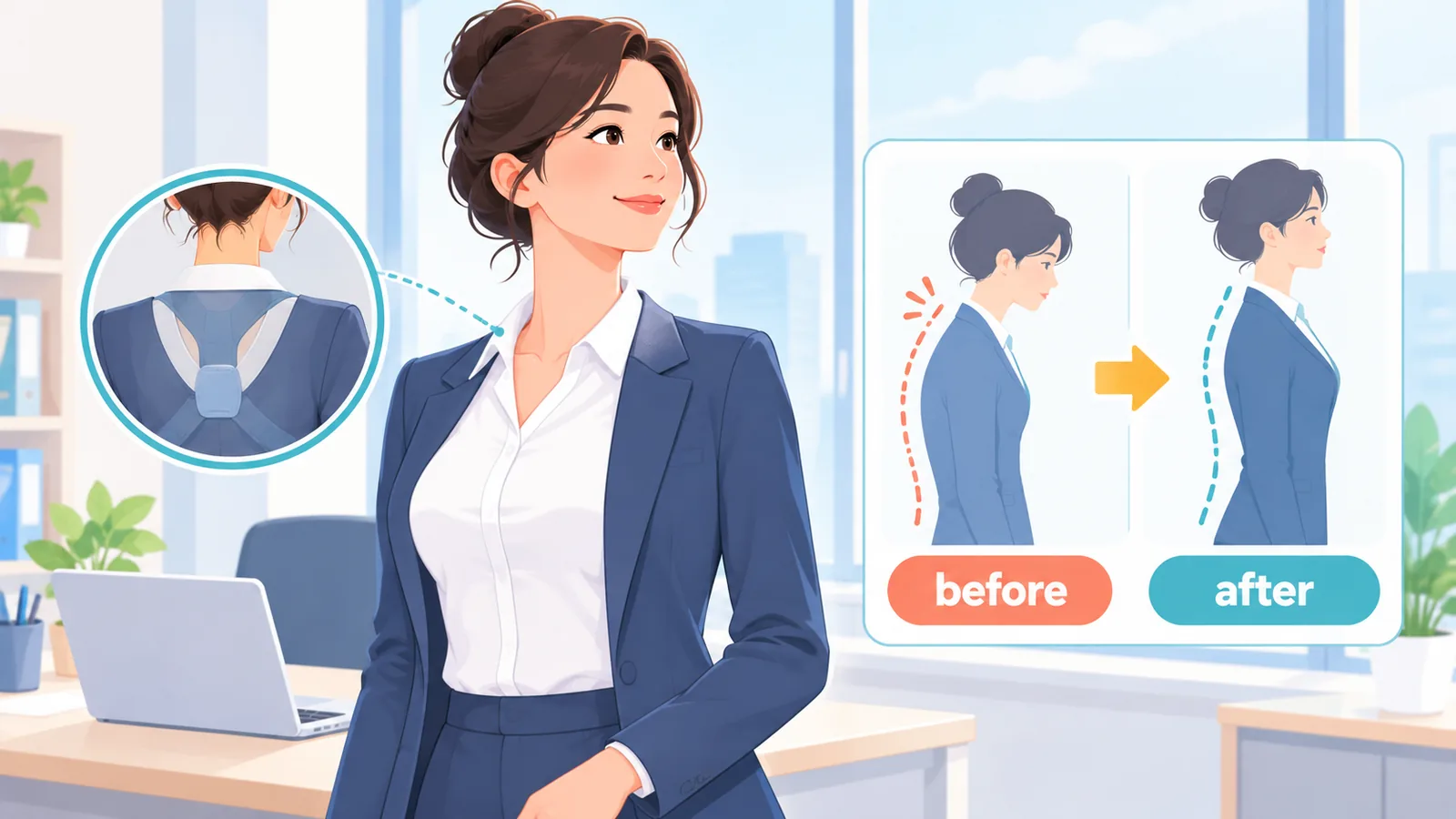 Mulher com roupa de trabalho usando corretor discreto