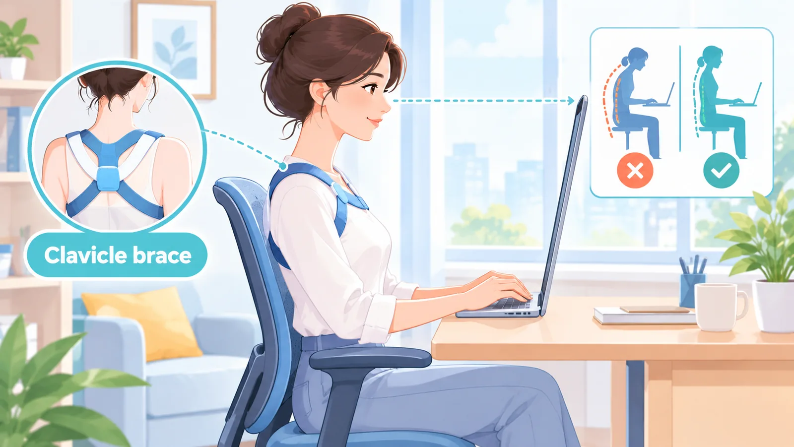 Mulher trabalhando em home office com corretor de postura