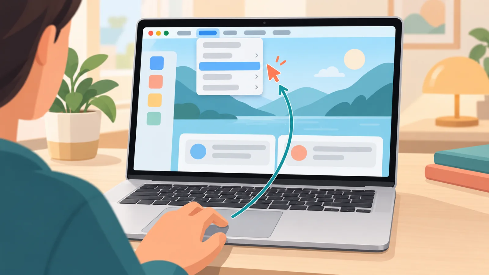Mão no trackpad de um MacBook com o menu do navegador aberto na barra superior