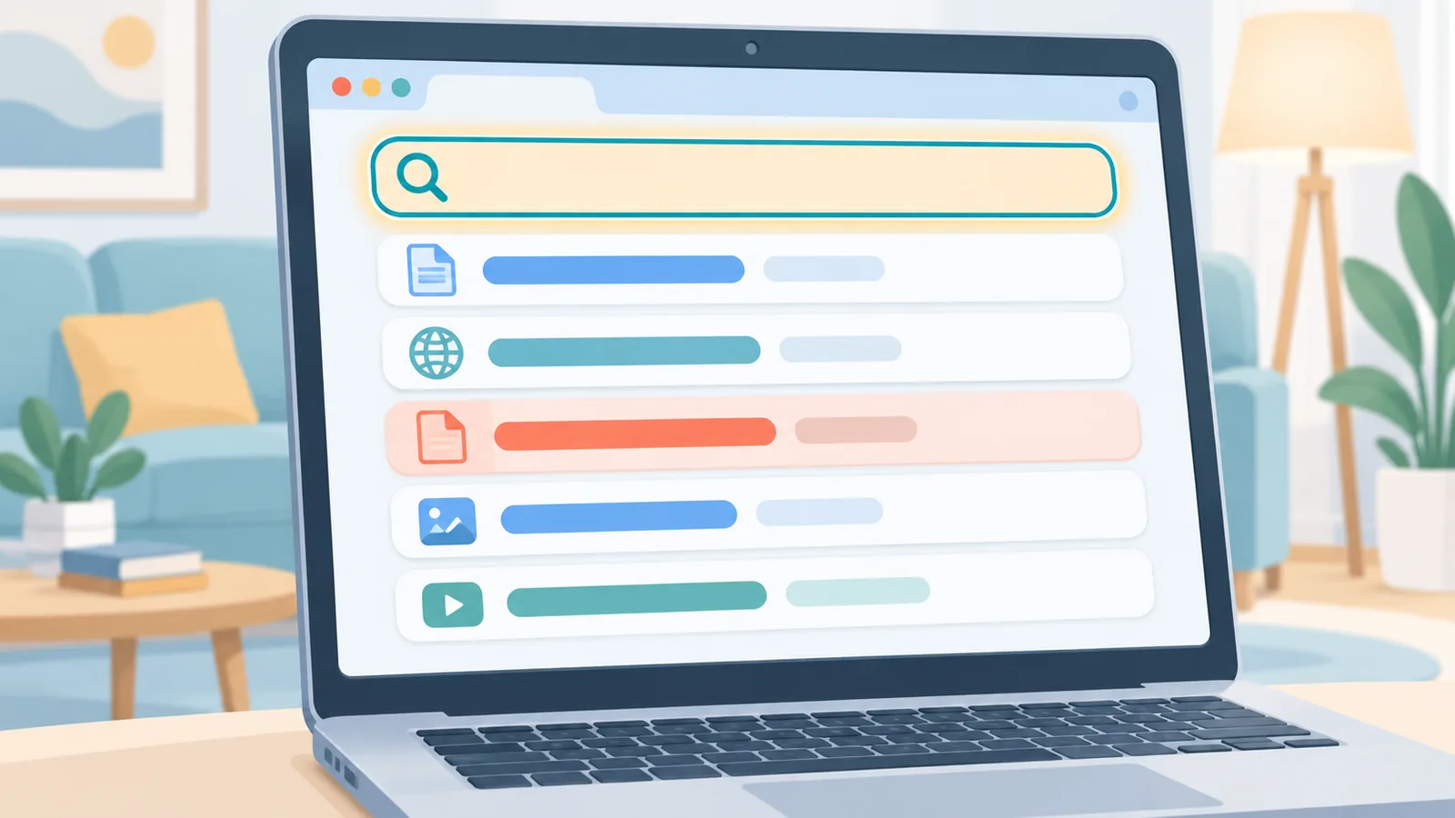 Tela de notebook com campo de busca sobre uma lista de páginas visitadas