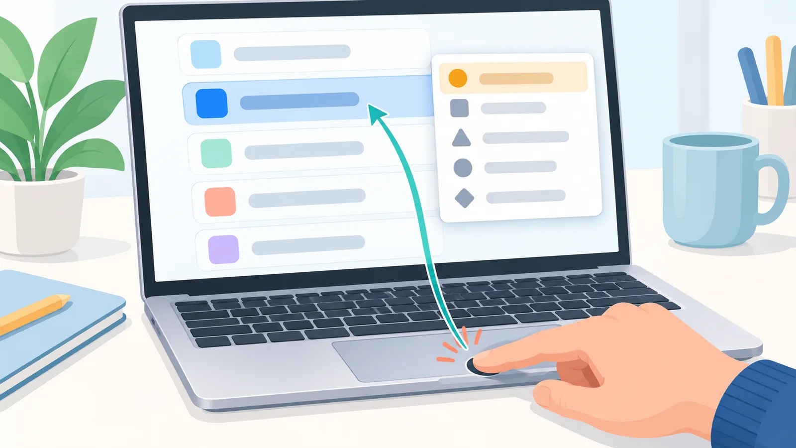 Dedo clicando no trackpad enquanto um menu de contexto aparece sobre um item da lista