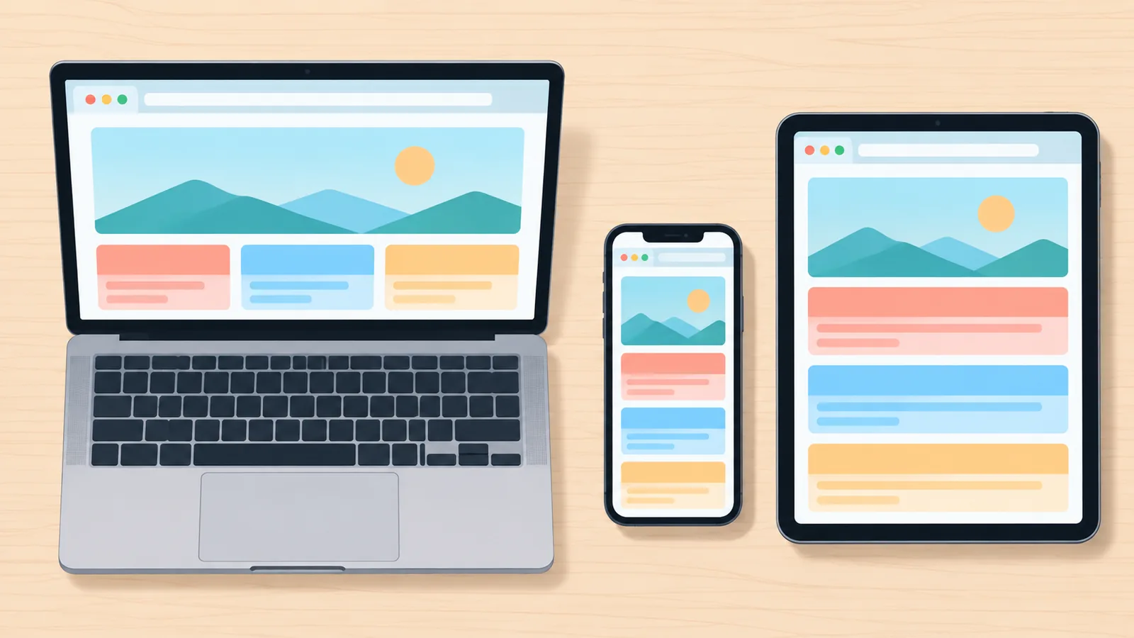 MacBook, iPhone e iPad lado a lado sobre uma mesa de madeira clara