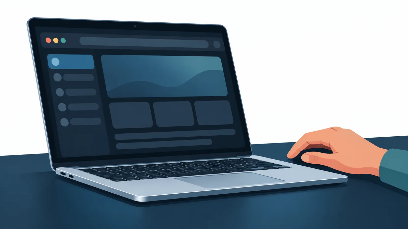 MacBook em uma mesa escura com uma janela de navegador em tema escuro, sugerindo privacidade