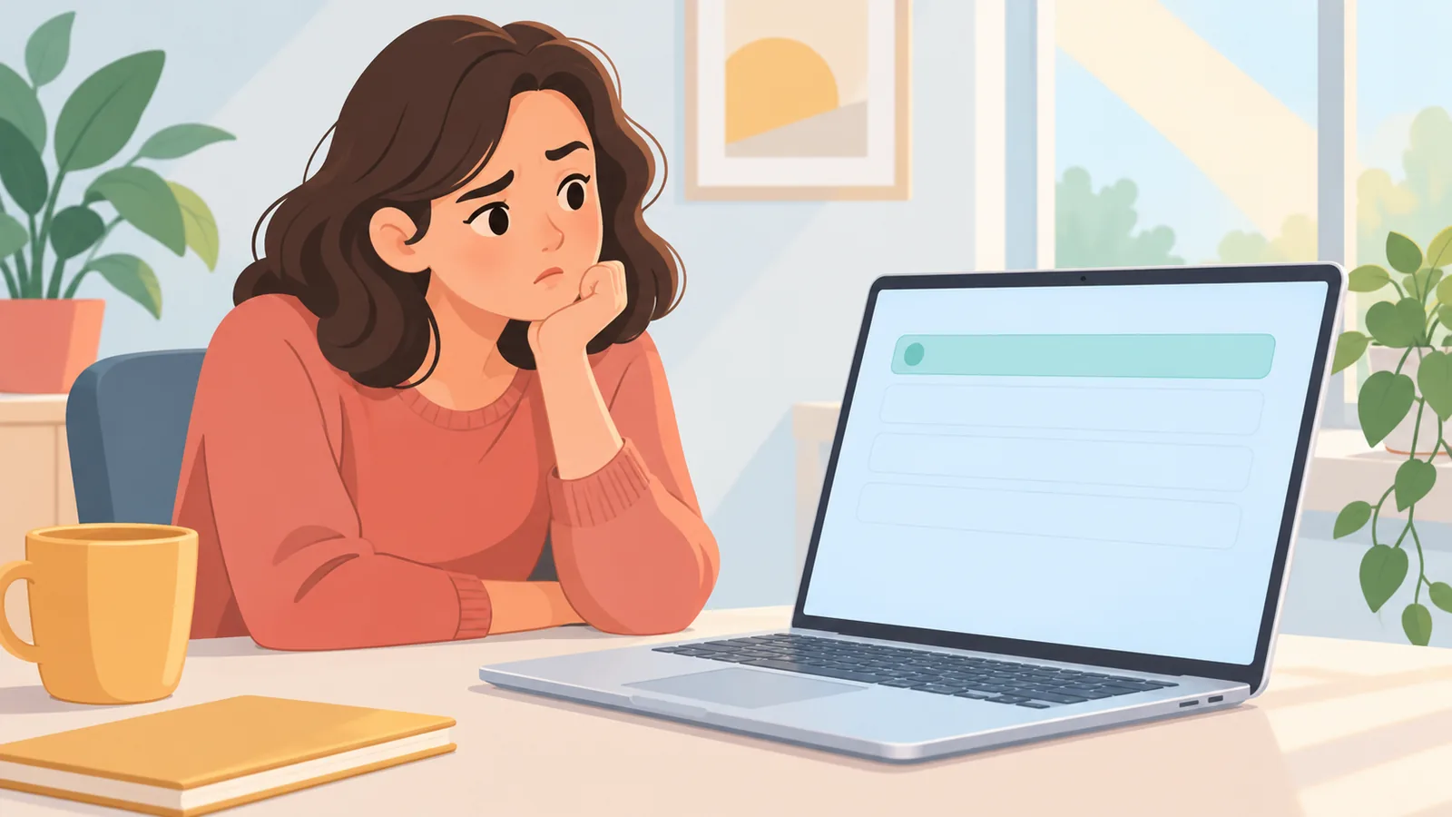 Pessoa pensativa olhando para a tela de um MacBook com uma lista quase vazia